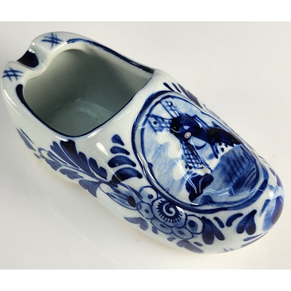 Vintage Blue Delft Dutch Shoe Ashtray Hand Painted Floral & Windmill #679